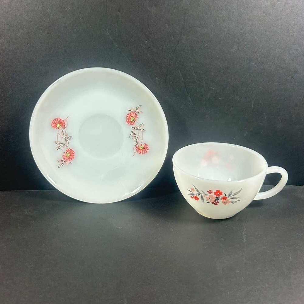 Fire-King Cup and Saucer Set White Floral Milk Glass Vintage Mid-Century